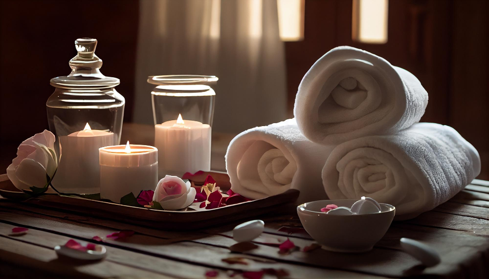Rolled spa towels with candles and rose petals